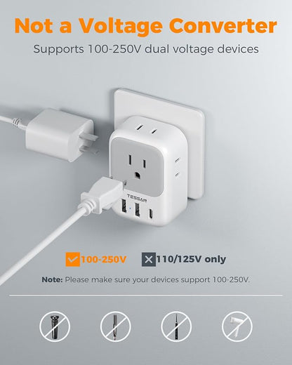 TESSAN Israel Adapter Plug, 2 Pack, Type H Travel Adaptor | US to Israel Power Adapter, 3 USB Ports (1 USB C Port), 4 American Outlets, Type H Travel Adaptor for USA to Jerusalem