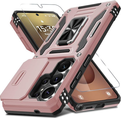 DEERLAMN Case for Samsung Galaxy S26 Ultra 6.9-Inch with Slide Camera Cover+Screen Protector(1 Pack), Rotated Ring Kickstand Military Grade Shockproof Protective Cover-Rose Gold