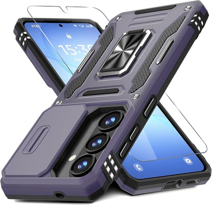 DEERLAMN Case for Samsung Galaxy S26 6.3-Inch with Slide Camera Cover+Screen Protector(1 Pack), Rotated Ring Kickstand Military Grade Shockproof Protective Cover-Deep Purple