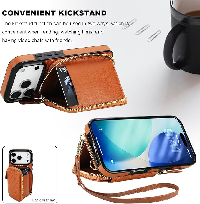 Bocasal Crossbody Wallet Case for iPhone 17 Pro, RFID Blocking PU Leather Zipper Handbag Purse Flip Cover, Kickstand Folio Case with Card Slots Holder Wrist Strap Lanyard 5G 6.3 Inch (Brown)