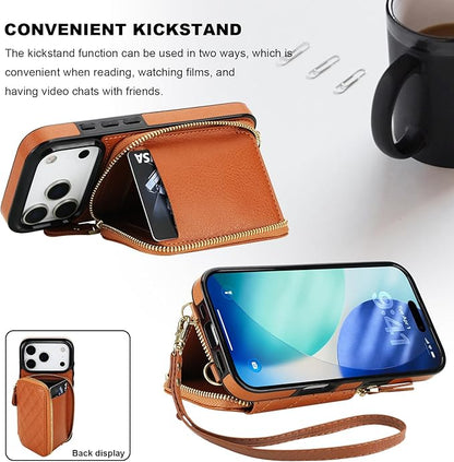 Bocasal Crossbody Wallet Case for iPhone 17 Pro, RFID Blocking PU Leather Zipper Handbag Purse Flip Cover, Kickstand Folio Case with Card Slots Holder Wrist Strap Lanyard 5G 6.3 Inch (Brown)
