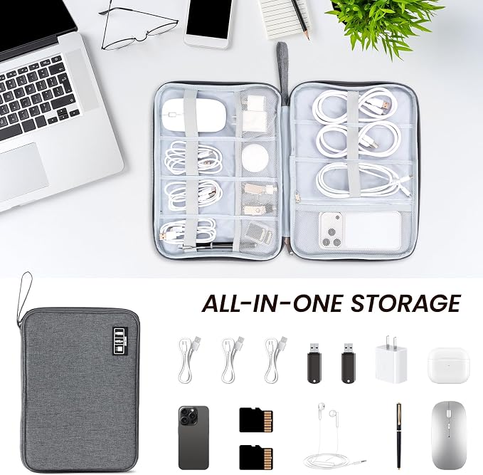 Large Slim Cable Organizer Travel Case, Single-Layer Electronic Accessories Pouch for Chargers, Cords, Power Bank, Mouse and SD Cards, 12.6 x 9.45 x 1.57 Inches