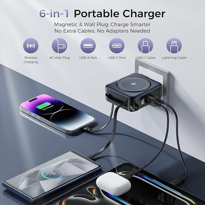 6-in-1 Magnetic Wireless Portable Charger 10000mAh – 22.5W Fast Charging with AC Wall Plug Built-in USB-C & Lightning Cables for iPhone 17/16/15/14/13/12, Android & Samsung(Deep Blue)