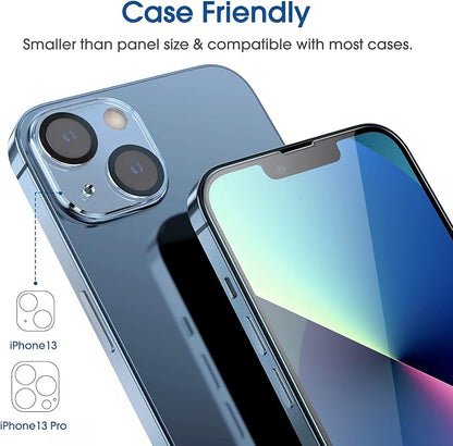 amFilm Screen Protector OneTouch Compatible with iPhone 13, iPhone 13 Pro (6.1", 2021) Tempered Glass and Camera Lens Protector, Edge to Edge Full Coverage Easy Installation Kit, Plastic, 2+2 Pack
