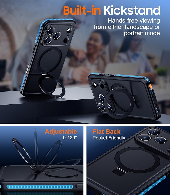 Temdan Magnetic Compatible with iPhone 17 Pro Max Case,Waterproof Built-in Screen & Camera Protector IP68 Underwater Full Body 17FT Military Dropproof Shockproof Phone Case 6.9"-Blue/Black