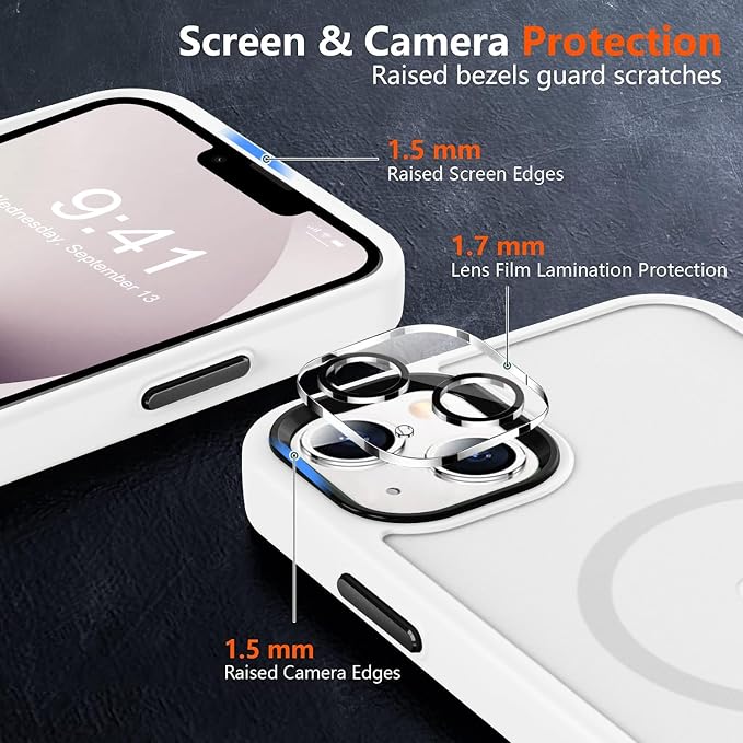 MOCCA Strong Magnetic for iPhone 13 Case, [Compatible with Magsafe][Screen Protector+Camera Lens Protector] Translucent Matte Back Slim Shockproof Case for iPhone 13 Phone Case 6.1", Frosted White