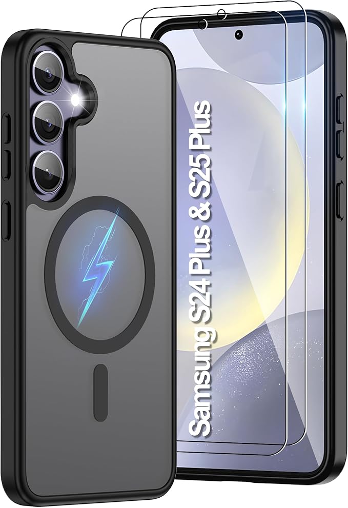 For Samsung Galaxy S24 Plus Case & S25 Plus Case [Compatible with Magsafe] Translucent Matte Magnetic Phone Case,Slim Thin Duty Shockproof with 2pc Screen Protector Protection Case for S24+/S25+,Black