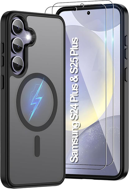 For Samsung Galaxy S24 Plus Case & S25 Plus Case [Compatible with Magsafe] Translucent Matte Magnetic Phone Case,Slim Thin Duty Shockproof with 2pc Screen Protector Protection Case for S24+/S25+,Black