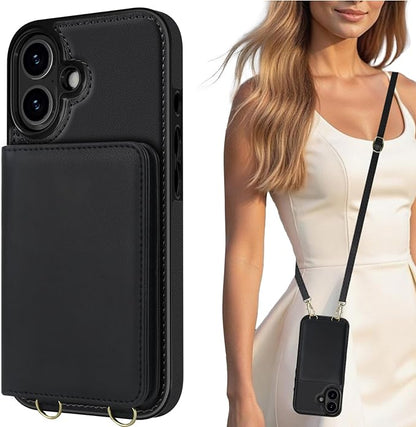 LOHASIC for iPhone 17 Case Wallet with Detachable Crossbody Strap & Wrist Lanyard, RFID Blocking, 4 Card Slots 2 Cash Pockets, Leather Case with Card Holder for Women Girls, Black