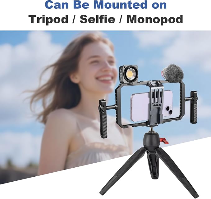 Universal Phone Cage Handheld Stabilizer Kit for Vlogging & Filmmaking, Smartphone Cage Video Rig with 360° Rotation Handles Compatible with iPhone 17/16/15/14/13 Series and Android Phones