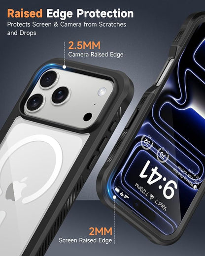 seacosmo for iPhone 17 Pro Max Case, Full Body Bumper with Built-in 9H Tempered Glass Screen and Camera Lens Protector, Compatible with MagSafe, Shockproof 17 Pro Max Phone Case, 6.9", Black