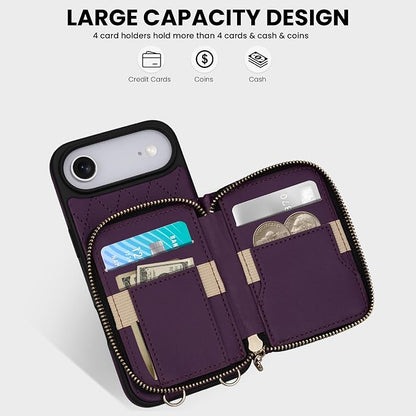 Keallce Case for iPhone Air 6.5'' Wallet Case, Crossbody Zipper Purse with Wrist Strap Lanyard Handbag, RFID Blocking Card Holders, Kickstand Flip Leather Cover for iPhone 17 Air, Darkpurple