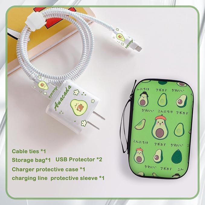 CameCosy DIY Phone Charger Cover Storage Sets Cable USB Earphone Wire Saver Organizer with Travel Storage Bag, Soft Cute Cable Protector Phone Charger Protector Compatible for iPhone(Avocado)