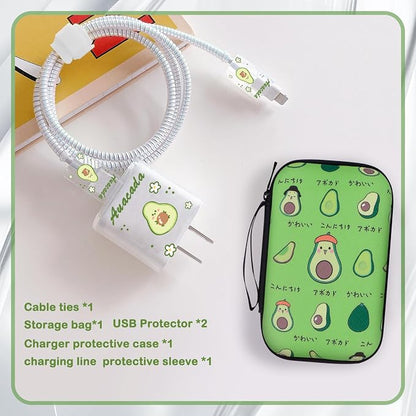 CameCosy DIY Phone Charger Cover Storage Sets Cable USB Earphone Wire Saver Organizer with Travel Storage Bag, Soft Cute Cable Protector Phone Charger Protector Compatible for iPhone(Avocado)