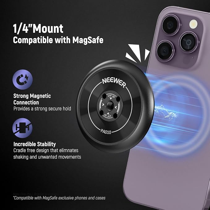 NEEWER Magnetic Phone Tripod Mount Adapter with 1/4" Holes Compatible with iPhone MagSafe Selfie Stick for 15 Pro Max 15 Plus 14 13 12 Pro Max Mini, Phone Holder for Ring Light Video Recording, PA010