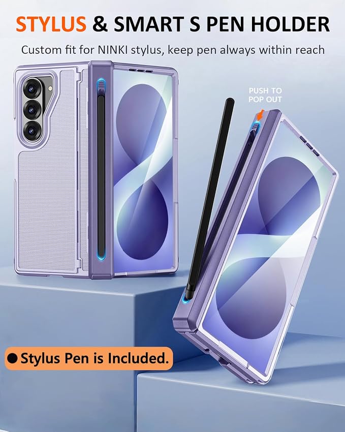 NINKI for Samsung Galaxy Z Fold 8 Ultra Case with S Pen Holder & Stylus & Hidden Kickstand, Magnetic Screen Protector Hinge Phone Cover for Samsung Z Fold 8 Ultra Case with Slim S Pen Slot – Purple