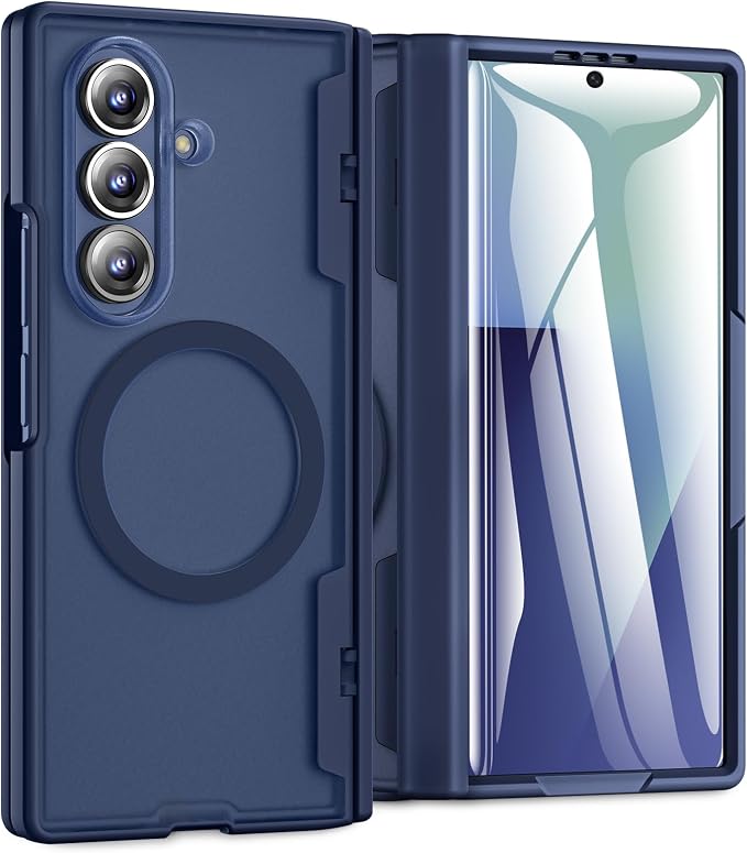 Caka Magnetic for Samsung Galaxy Z Fold 7 Case with Hinge Protection Blue | Compatible with MagSafe, Built-in Outer Screen Protector, Hinge Guard, Translucent Matte Back, 360° Hybrid Drop Defense