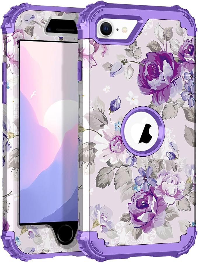 Hocase for iPhone SE 2022/2020 Case, Heavy Duty Shockproof Protection Hard Plastic+Silicone Rubber Hybrid Protective Case for iPhone SE 3rd/2nd Generation (4.7") - Lavender Flowers