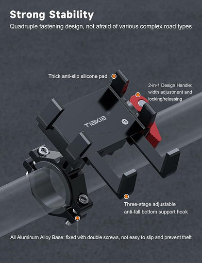 Tiakia Bike Phone Mount Holder, Aluminum Motorcycle Phone Mount, Handlebar Mounted Cell Phone Holder for Bike, 360° Rotation, Universal Bicycle Phone Mount for 4.5-7 Inch Phones (Upgrade-Black Red)