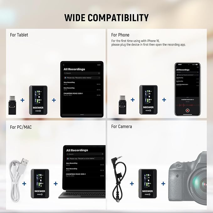 NEEWER CM28 Wireless Lavalier Microphone System, 1 Click Noise Canceling, 4GB Storage for 9Hrs of 48KHz 16 Bit Uncompressed Audio, Lapel Mic Compatible with iPhone/Android/PC/Camera/iPad