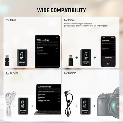 NEEWER CM28 Wireless Lavalier Microphone System, 1 Click Noise Canceling, 4GB Storage for 9Hrs of 48KHz 16 Bit Uncompressed Audio, Lapel Mic Compatible with iPhone/Android/PC/Camera/iPad