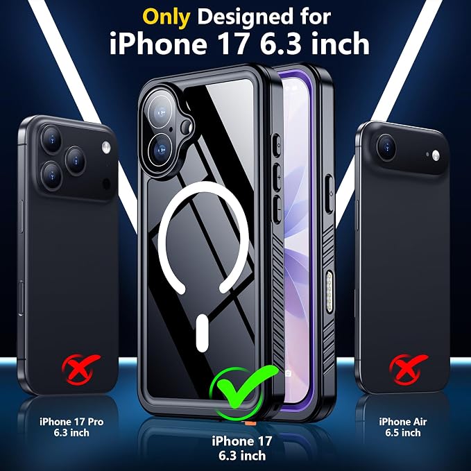 SPIDERCASE Magnetic for iPhone 17 Case- [Compatible with Magsafe] [IP68 Underwater] 15FT Military Grrade Shockproof Full Body Sealed Drop Protection with Lanyard for iPhone 17 6.3"-Purple/Clear
