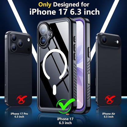 SPIDERCASE Magnetic for iPhone 17 Case- [Compatible with Magsafe] [IP68 Underwater] 15FT Military Grrade Shockproof Full Body Sealed Drop Protection with Lanyard for iPhone 17 6.3"-Purple/Clear