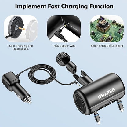 OHLPRO Car Back Seat Charger with Retractable Cables, Headrest Mount Phone Tablet Charger with USB-C PD30W & iOS PD20W Wires, 4-Port Adapter for Taxi Rideshare, with Cigarette Lighter Plug