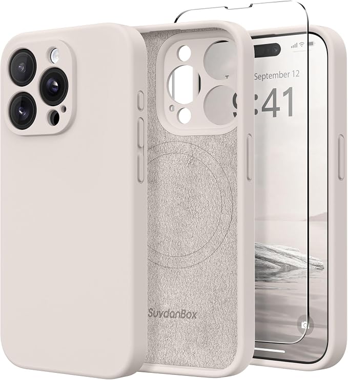 Magnetic for iPhone 15 Pro Max Case, Compatible with MagSafe, [Full Camera Protection][Screen Protector] Silicone Shockproof Protective Phone Case for iPhone 15 Pro Max 6.7", Stone