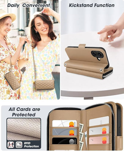 OCASE for iPhone 17 Crossbody Wallet Case - Stylish PU Leather Handbag Phone Purse with Zipper Closure, Card Slots & RFID Blocking - Wrist Strap, Lanyard, Kickstand - Diamond Check Khaki
