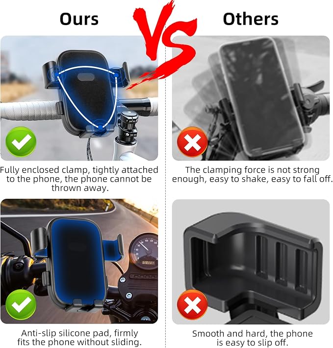 Motorcycle Phone Holder, Anti Shake Bicycle Phone Clamp for Road Ebike/Scooter/Stroller-One Hand Operation 360°Rotation,Bike Accessories Handlebar Clip Holder, Black 94003