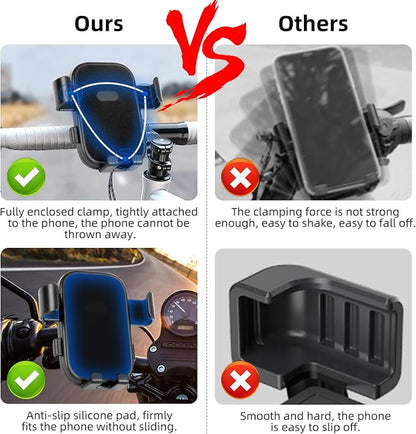 Motorcycle Phone Holder, Anti Shake Bicycle Phone Clamp for Road Ebike/Scooter/Stroller-One Hand Operation 360°Rotation,Bike Accessories Handlebar Clip Holder, Black 94003