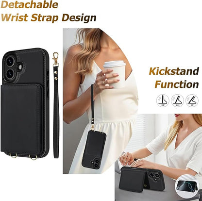 LOHASIC for iPhone 17 Case Wallet with Detachable Crossbody Strap & Wrist Lanyard, RFID Blocking, 4 Card Slots 2 Cash Pockets, Leather Case with Card Holder for Women Girls, Black