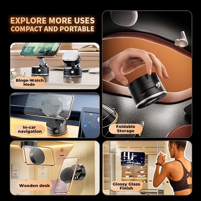 Mayten Magnetic Phone Holder Stand，Suction Phone Mount with Vacuum+TPU Gel Design for All Surfaces, Car Mount with Strong Suction and Adhesive, Compatible with iPhone/Android，All Smartphones (Black).