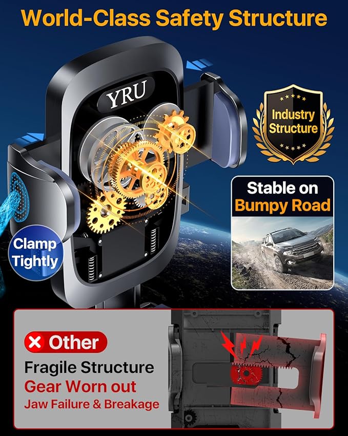 YRU [True Upgrade for Safety] Car Phone Holder Mount [Patent & Military-Grade] Dashboard Cell Phone Holder for Car Vent Windshield Phone Stand for iPhone 17 16 15 14 13 Pro Max Truck Samsung, Black