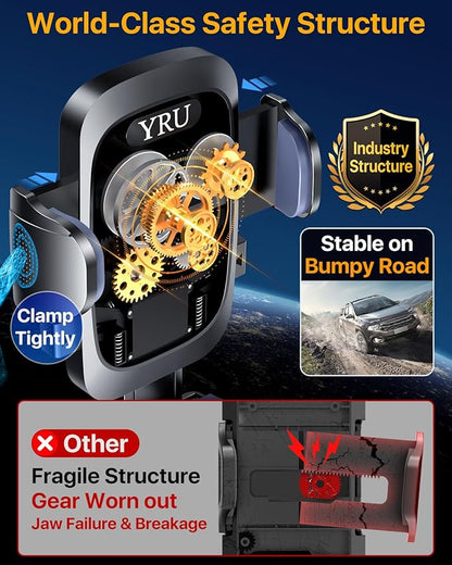 YRU [True Upgrade for Safety] Car Phone Holder Mount [Patent & Military-Grade] Dashboard Cell Phone Holder for Car Vent Windshield Phone Stand for iPhone 17 16 15 14 13 Pro Max Truck Samsung, Black
