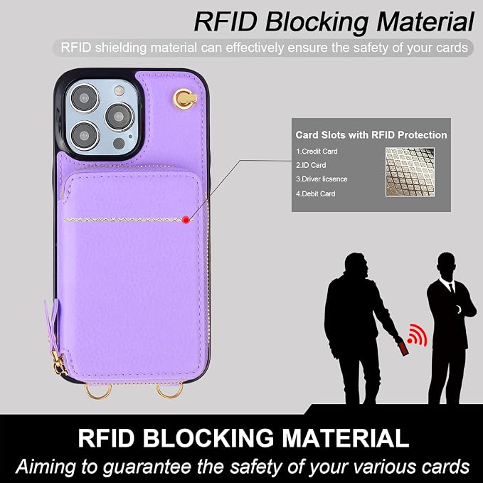 Bocasal Crossbody Wallet Case for iPhone 14 Pro Max, RFID Blocking Leather Purse Case with Card Holder, Protective Handbag Flip Cover with Zipper Wrist Strap Lanyard for Women 5G 6.7 Inch (Purple)