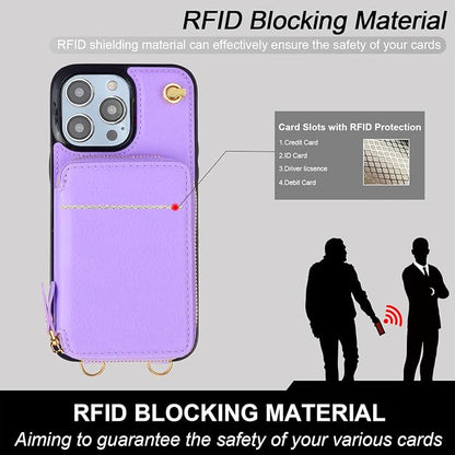 Bocasal Crossbody Wallet Case for iPhone 14 Pro Max, RFID Blocking Leather Purse Case with Card Holder, Protective Handbag Flip Cover with Zipper Wrist Strap Lanyard for Women 5G 6.7 Inch (Purple)