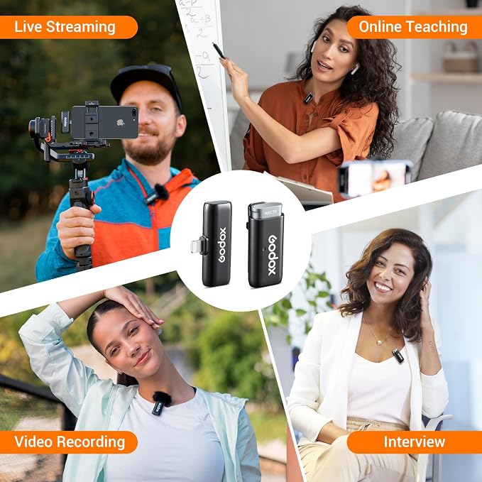 GODOX WES1 Kit1 Wireless Microphone for iPhone iPad, 2.4GHz Wireless MFi Certified Lavalier Mic, Plug and Play, Noise Cancelling,656ft, 7g Lightweight for Vlogs/Interviews/Live(1TX + 1RX(Lightning))
