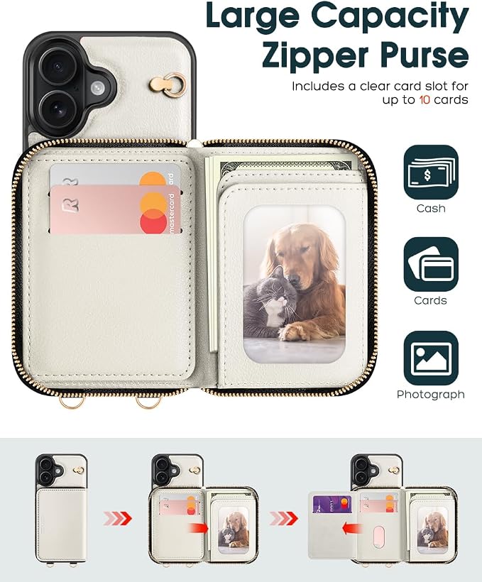 OCASE Compatible with iPhone 16 Crossbody Wallet Case with Card Holder, PU Leather Zipper Handbag Phone Purse with RFID Blocking Kickstand Wrist Strap Lanyard 6.1 Inch, Cream