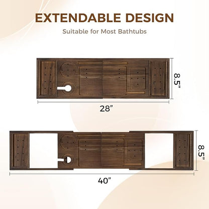Teak Bathtub Tray - Luxury Bath Tray with Expandable Handles, Wine Glass and Phone Holders, Book Stand - Perfect for Home Spa Relaxation and Reading - Natural Bath Accessories - Dark Walnut Color