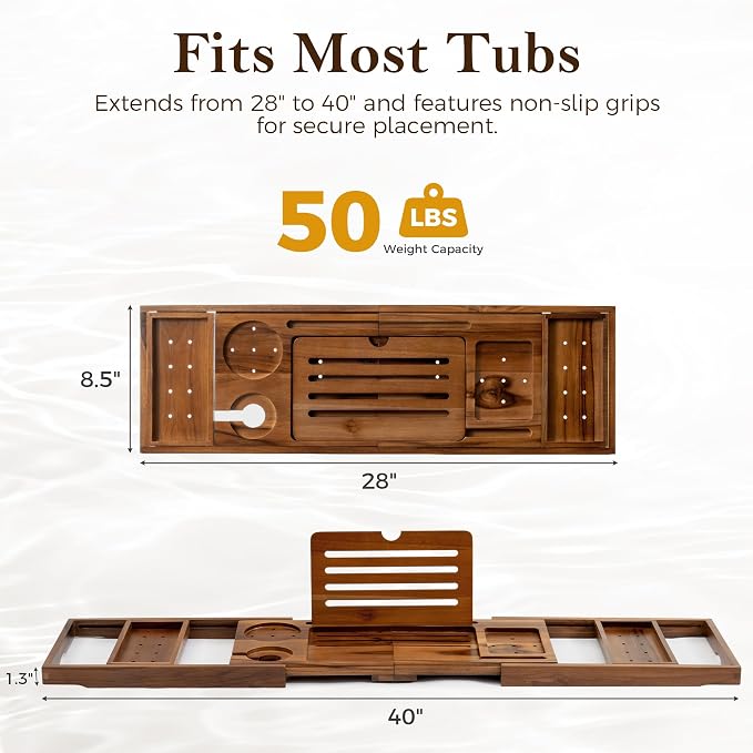 Fun Memories Teak Bathtub Tray for Tub – Adjustable Solid Wood Bath Caddy with Wine Glass Holder, Phone Dock & Book Stand – Bath Tub Tray Wood – Light Walnut Finish