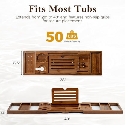 Fun Memories Teak Bathtub Tray for Tub – Adjustable Solid Wood Bath Caddy with Wine Glass Holder, Phone Dock & Book Stand – Bath Tub Tray Wood – Light Walnut Finish