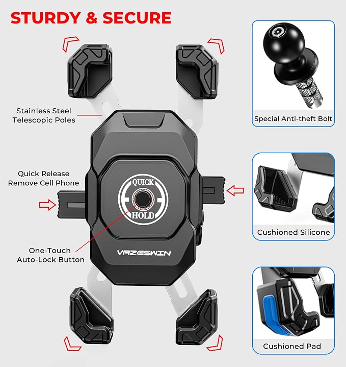 VAZESWIN Motorcycle Fork Stem Phone Mount with Vibration Dampener, Motorcycle Cell Phone Holder with Aluminum Alloy Anti-Theft Short Arm, Fit 12mm to 25.4mm Diameter Stem Tubes, for 5.5"-7.2" Phones