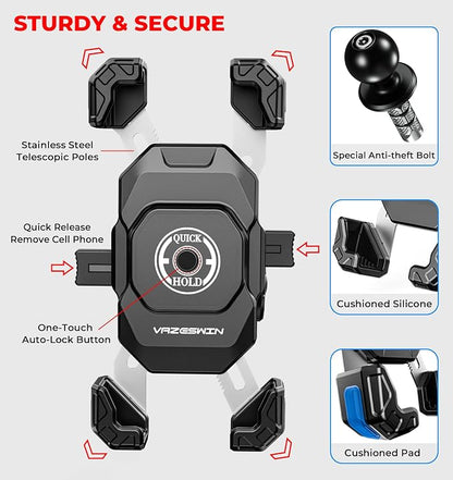 VAZESWIN Motorcycle Fork Stem Phone Mount with Vibration Dampener, Motorcycle Cell Phone Holder with Aluminum Alloy Anti-Theft Short Arm, Fit 12mm to 25.4mm Diameter Stem Tubes, for 5.5"-7.2" Phones