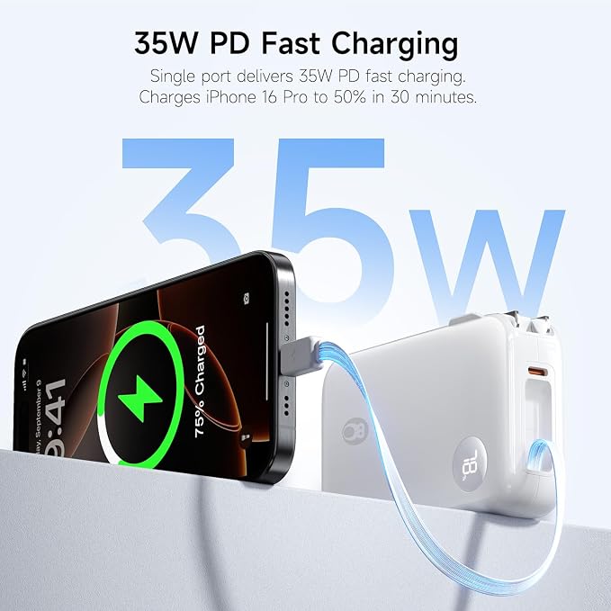 HOU 3 in 1 Portable Power Bank 10000mAh, 35W PD Fast Charging, Retractable USB-C Cable, Foldable Wall Plug, Dual Device Charging, FCC&UL Certified, Compatible with iPhone 17 Pro Max, Samsung, iPad