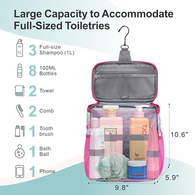 F-color Shower Caddy Portable for College Dorm Essentials - Large Hanging Sturdy Handle Toiletry Tote Bag with Hook, Multiple Pockets, Quick Dry Organizer for Camping, Travel, Gym, Pink Flamingo
