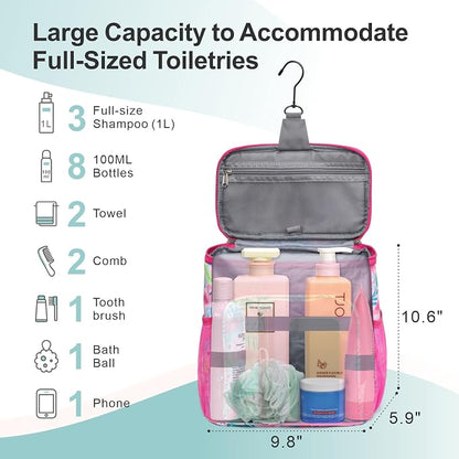 F-color Shower Caddy Portable for College Dorm Essentials - Large Hanging Sturdy Handle Toiletry Tote Bag with Hook, Multiple Pockets, Quick Dry Organizer for Camping, Travel, Gym, Pink Flamingo