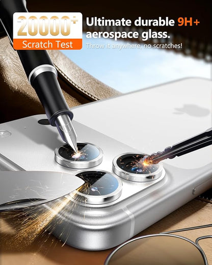 EZ-GLAZ-Camera Lens Protector for iPhone 17/16/15/14 Pro & Pro Max Series, with Aerospace-Grade Aluminum Alloy Ring, 1:1 Invisible Fit & Ultra-Clear, Military-Grade 9H+ Glass, Silver