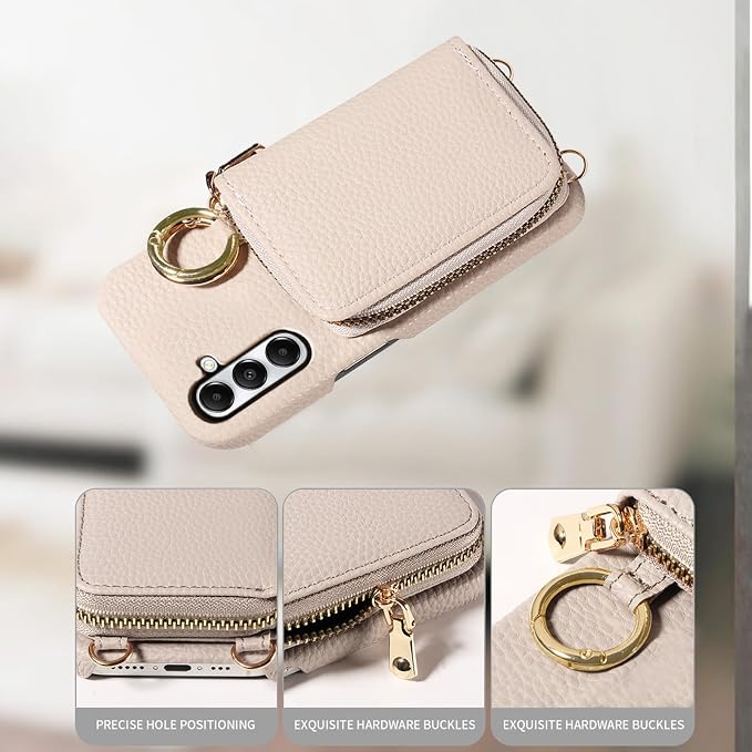 Wallet Case for Samsung Galaxy A24 4G/5G with Shoulder Strap Ring Buckle PU Leather Zipper Flip Organ Purse, Credit Card Holder Stand Full Body Cell Phone Cover for A 24 24A Lte Women Men White